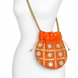Handmade Embellished Drawstring Crossbody Bag – Gold Beaded Strap
